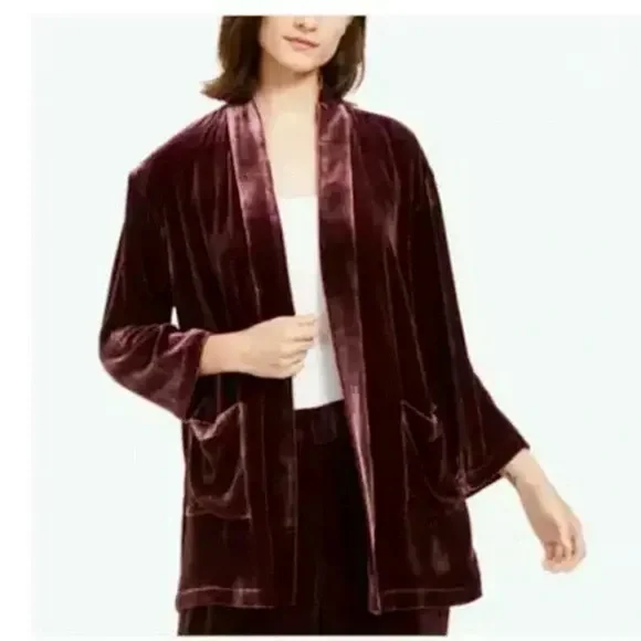 EILEEN FISHER Wine Kimono Velvet Silk Blend Jacket XS - Picture 3 of 8